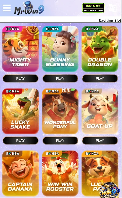 MrWin9 mobile lobby with BNZA slot games