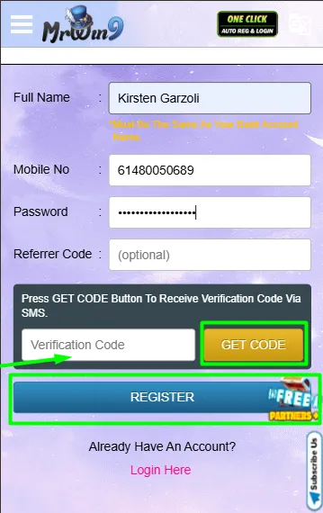 MrWin9 Casino registration form showing full name, mobile number, password, referrer code, and verification fields